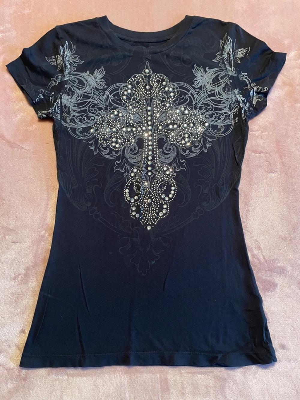 Royalty For Me Black Rhinestone Cross Short Sleeve Tee